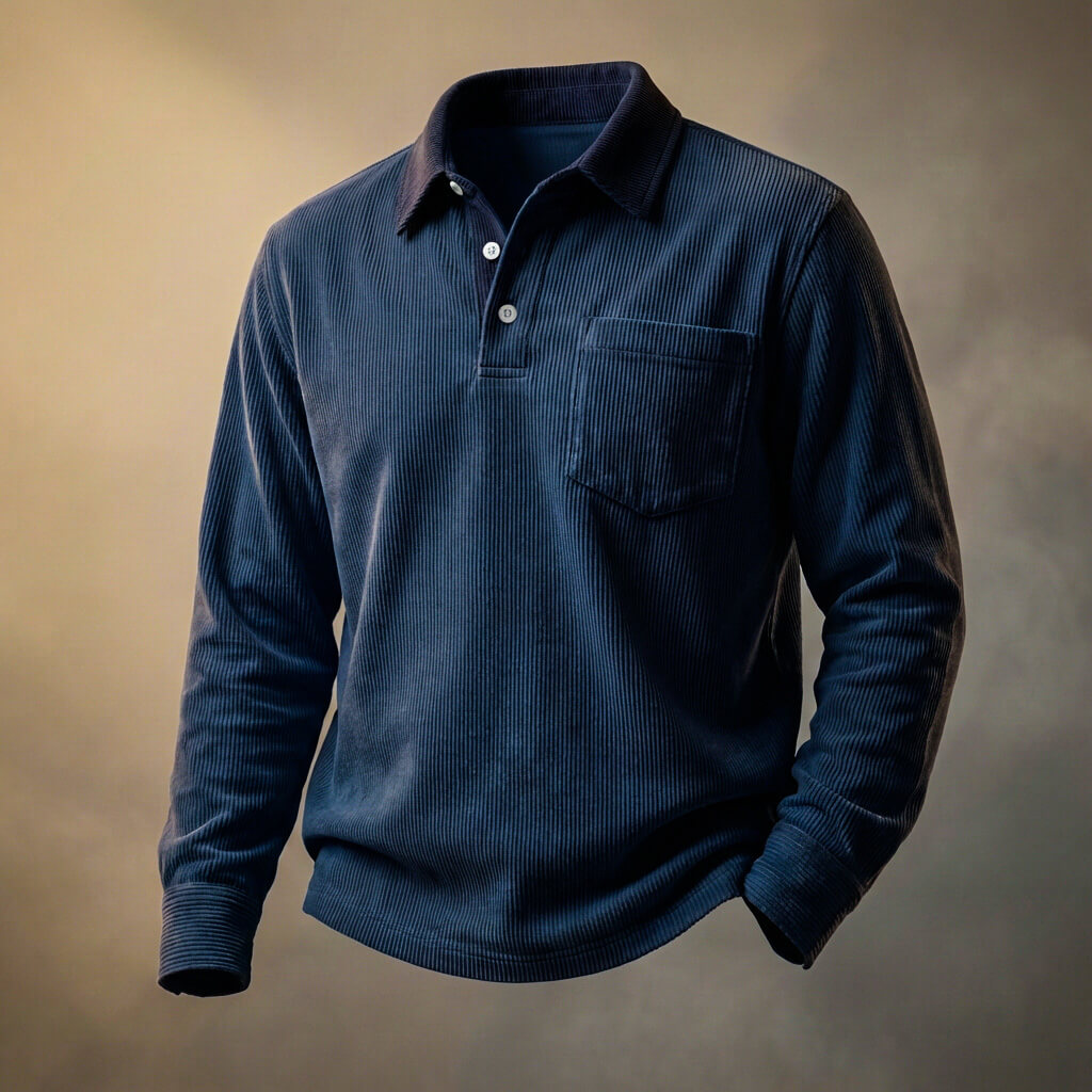 Men's Ribbed Knit Long Sleeve Polo Shirt