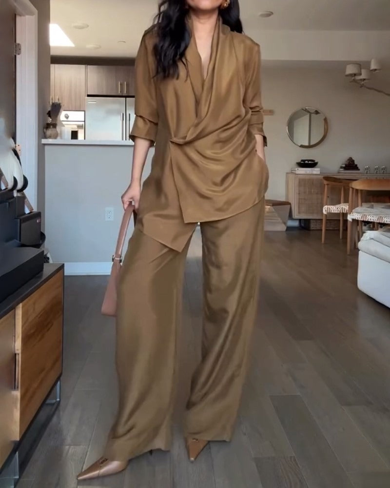 Women's Linen Tailored Two Piece Shirt and Wide-Leg Trouser Set
