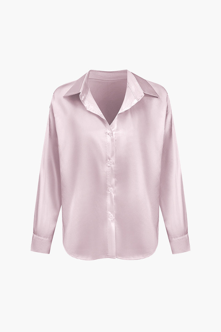 Women's Satin Long-Sleeve Blouse Elegant Silk-Feel Button-Down Shirt