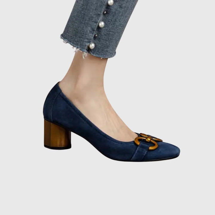 Women's Suede Block Heel Pumps Square Toe Slip On Dress Shoes