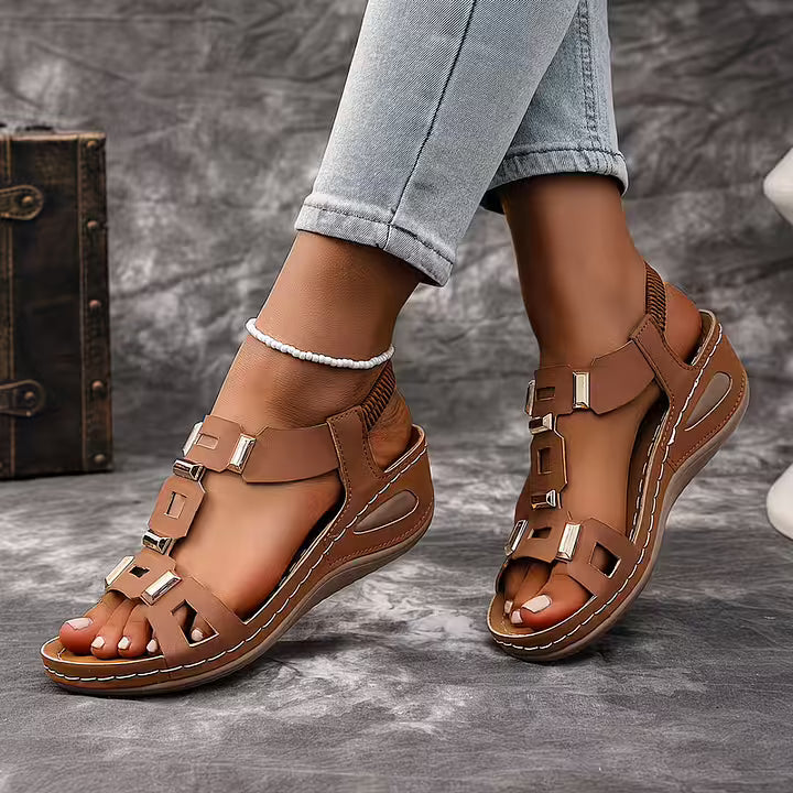 Women’s Leather Open-Toe Slingback Wedge Sandals
