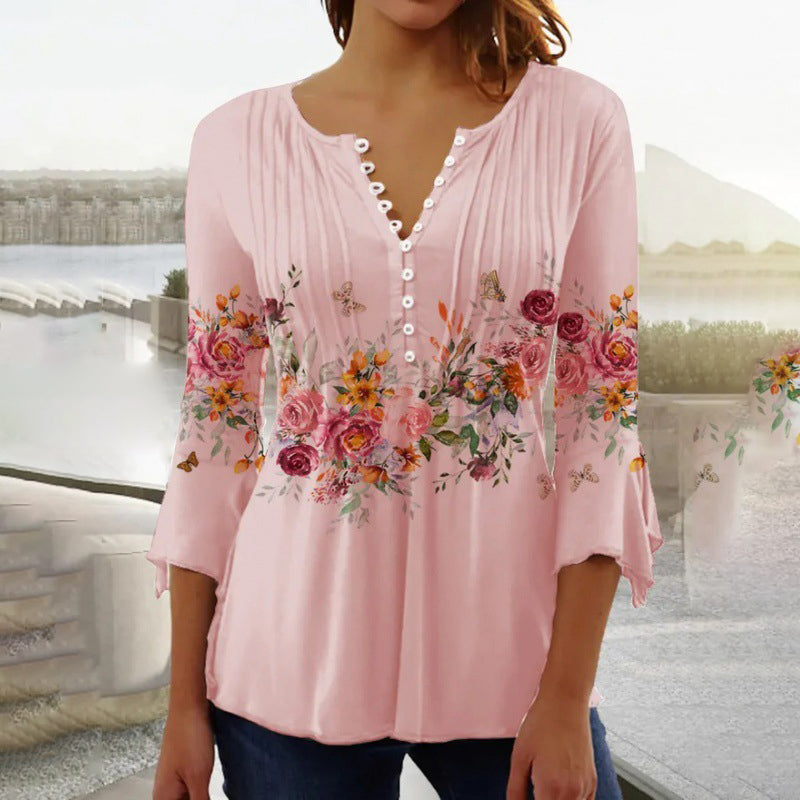 Women's Linen Floral Blouse V Neck 3/4 Sleeve Top