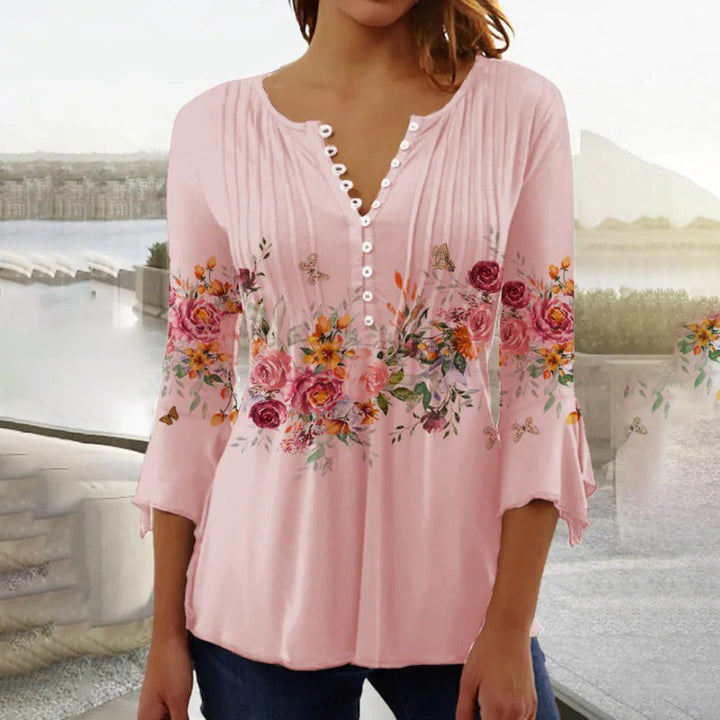 Women's Linen Floral Blouse V Neck 3/4 Sleeve Top