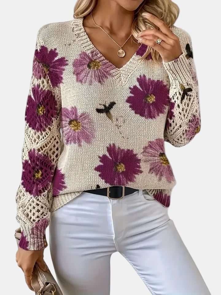 Women's Long Sleeve Knit V-Neck Floral Sweater Jumper