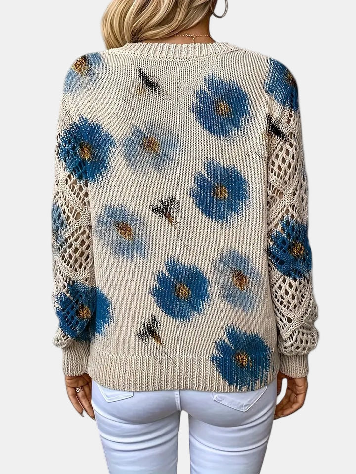 Women's Long Sleeve Knit V-Neck Floral Sweater Jumper
