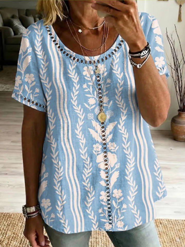 Women's Floral Linen Crew-Neck Blouse