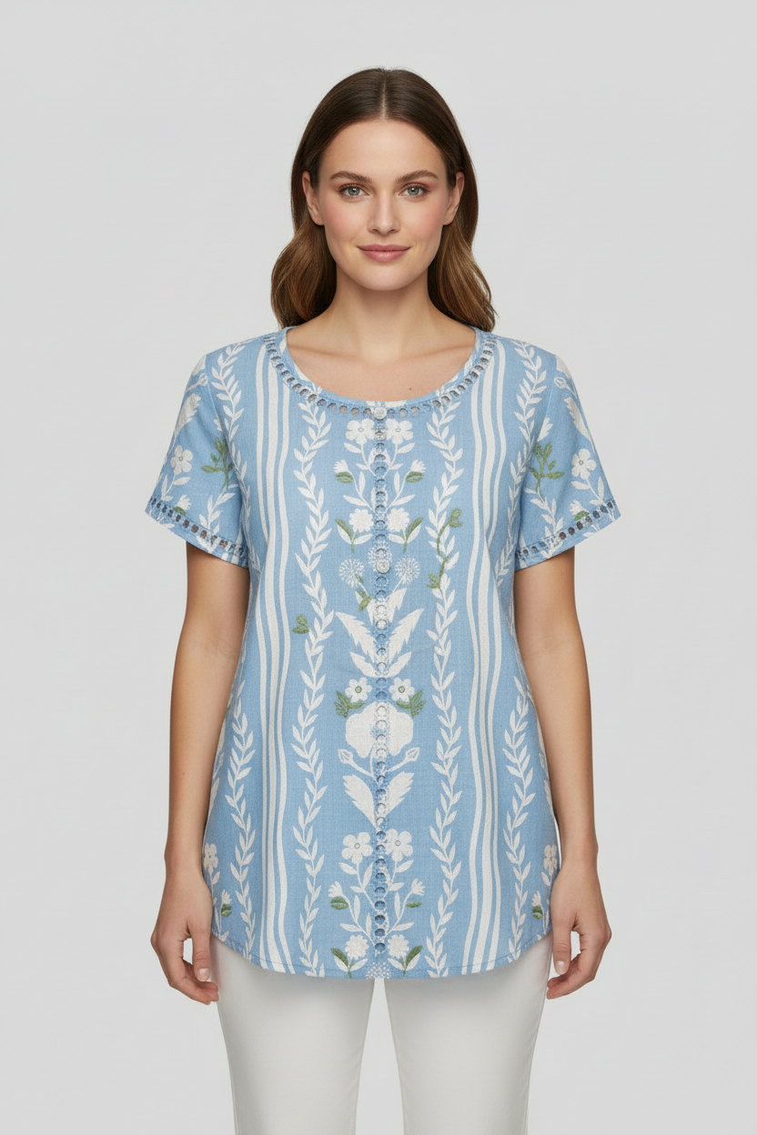 Women's Floral Linen Crew-Neck Blouse