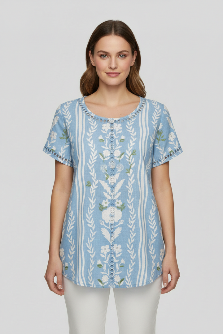 Women's Floral Linen Crew-Neck Blouse