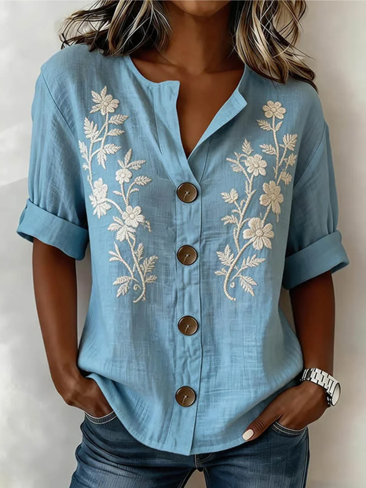 Women's Floral Linen V-Neck Blouse