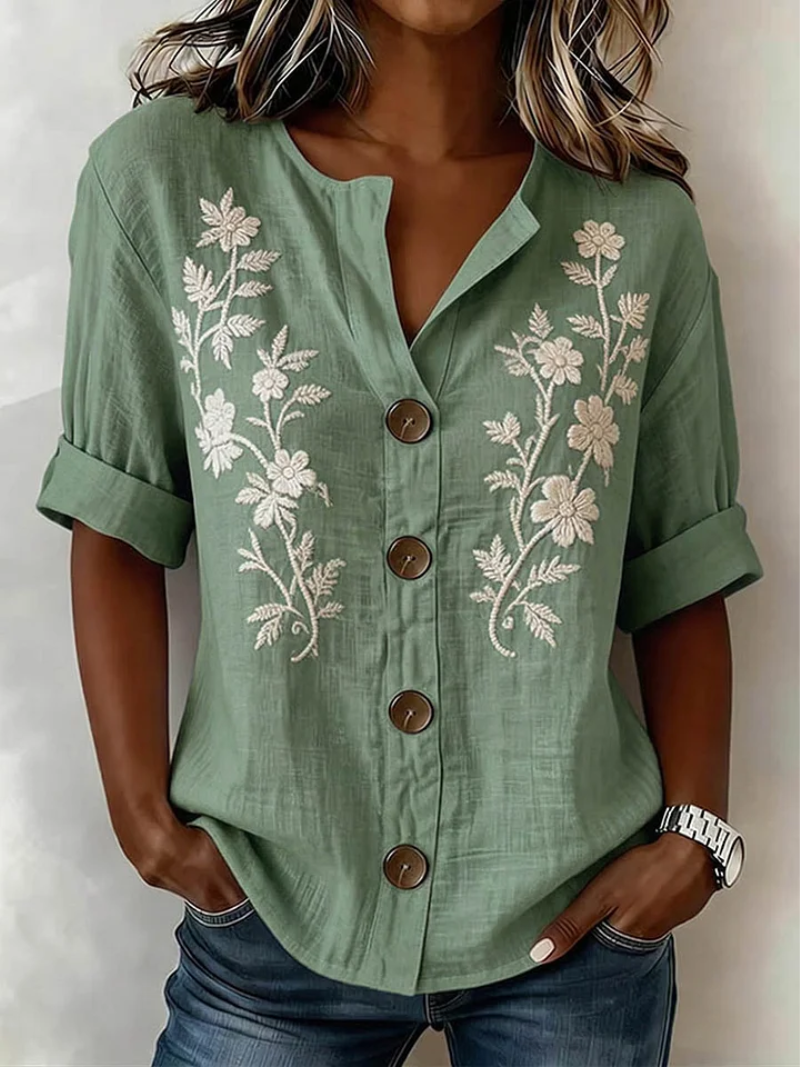 Women's Floral Linen V-Neck Blouse