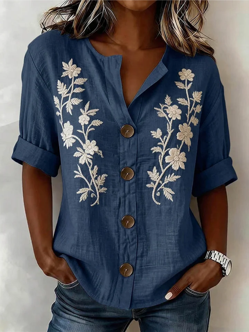 Women's Floral Linen V-Neck Blouse