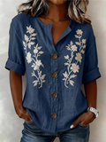 Women's Floral Linen V-Neck Blouse