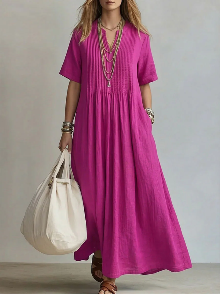Women's Linen Pleated V-Neck Short Sleeve Maxi Dress