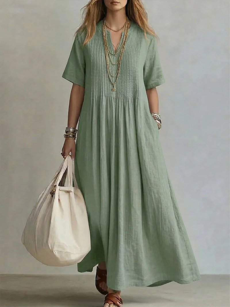 Women's Linen Pleated V-Neck Short Sleeve Maxi Dress