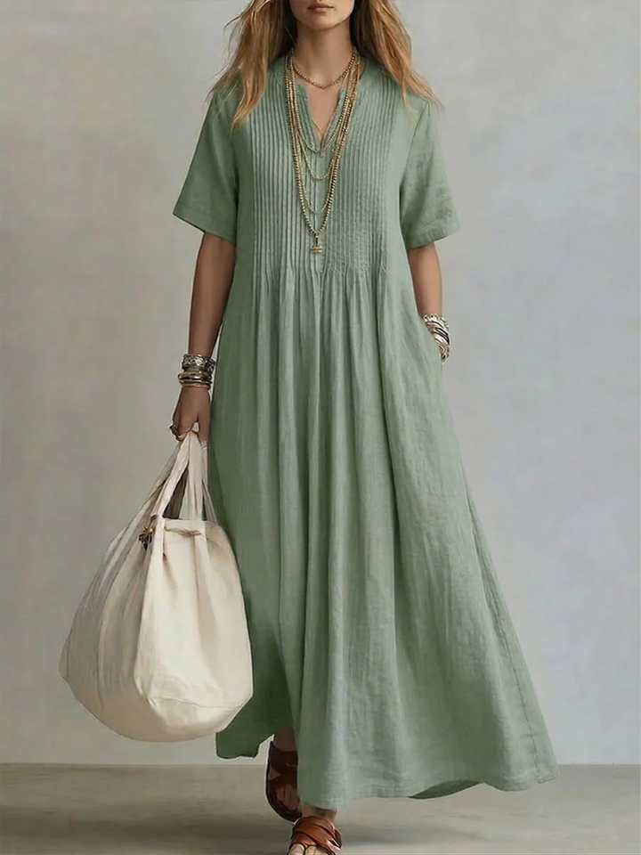 Women's Linen Pleated V-Neck Short Sleeve Maxi Dress