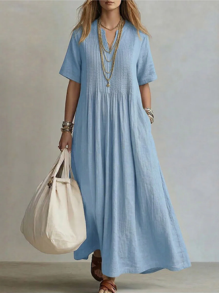 Women's Linen Pleated V-Neck Short Sleeve Maxi Dress