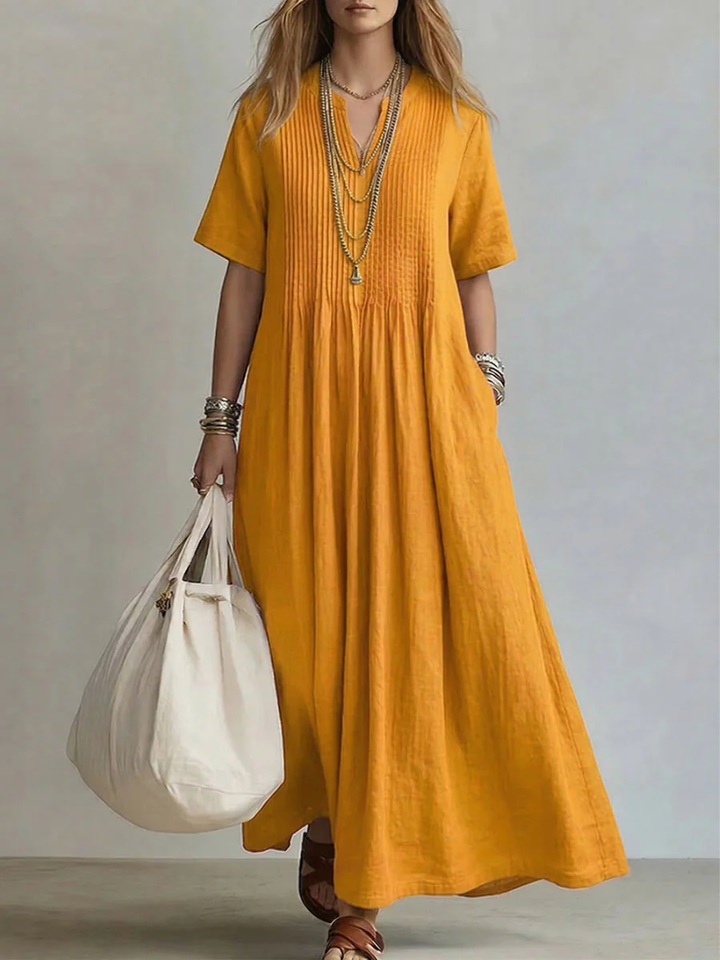 Women's Linen Pleated V-Neck Short Sleeve Maxi Dress