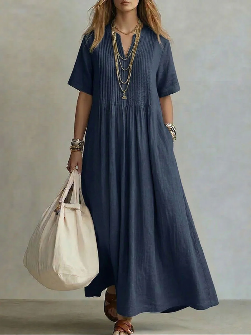 Women's Linen Pleated V-Neck Short Sleeve Maxi Dress