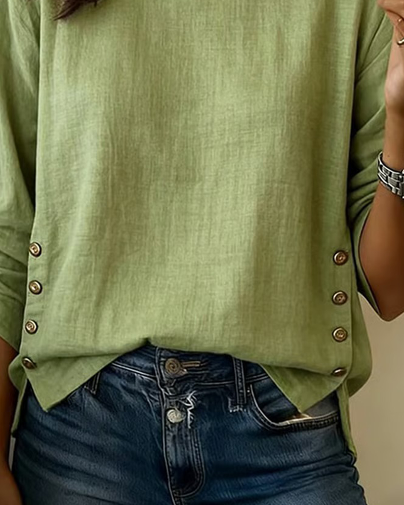 Women's Linen Round Neck Long Sleeve Blouse Top
