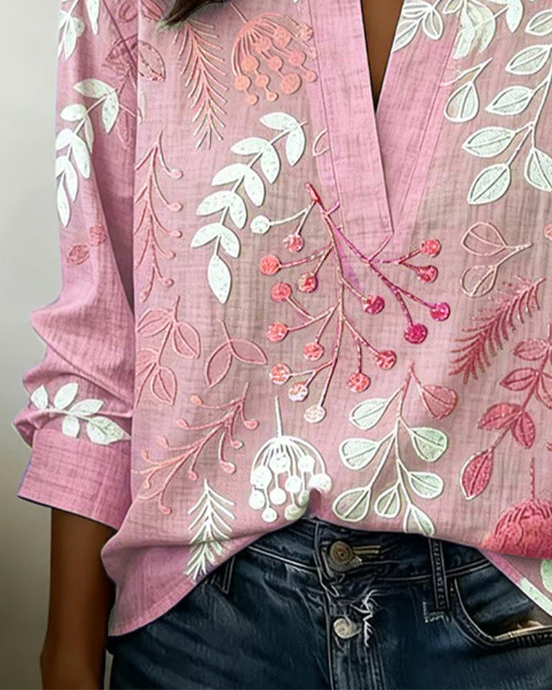 Women's Floral Print Linen V-Neck Long Sleeve Blouse