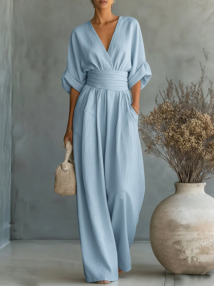Women’s Linen Blend V-Neck Wide-Leg Jumpsuit