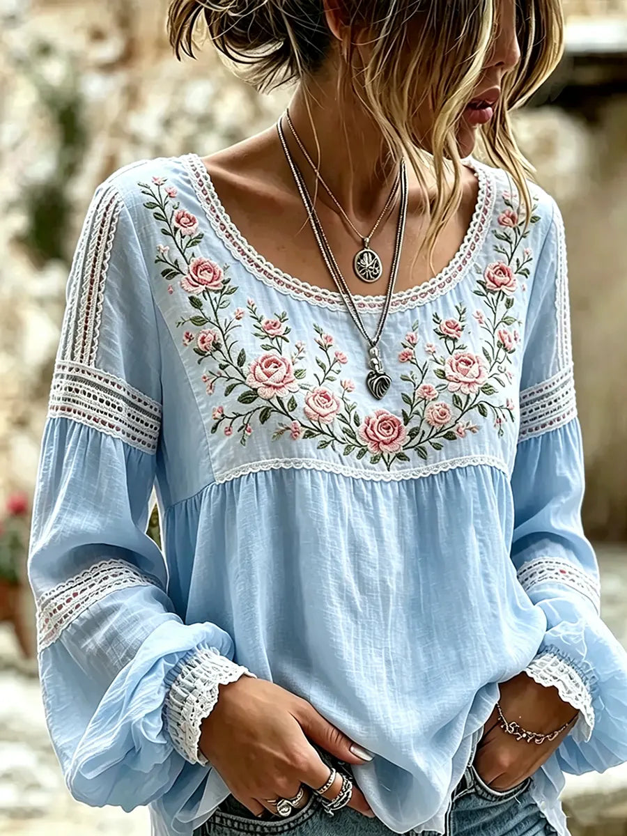Women's Embroidered Linen Blouse Long Sleeve Casual Top