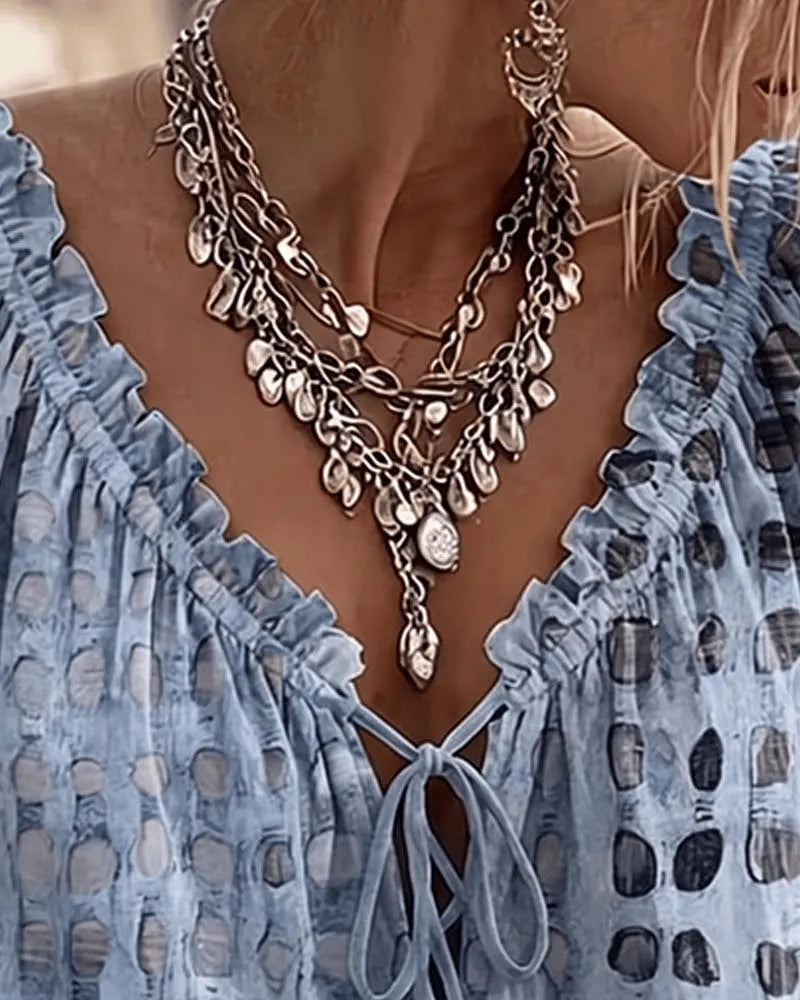 Women's Blouse Linen Boho V-Neck Long Sleeve Patterned Tunics