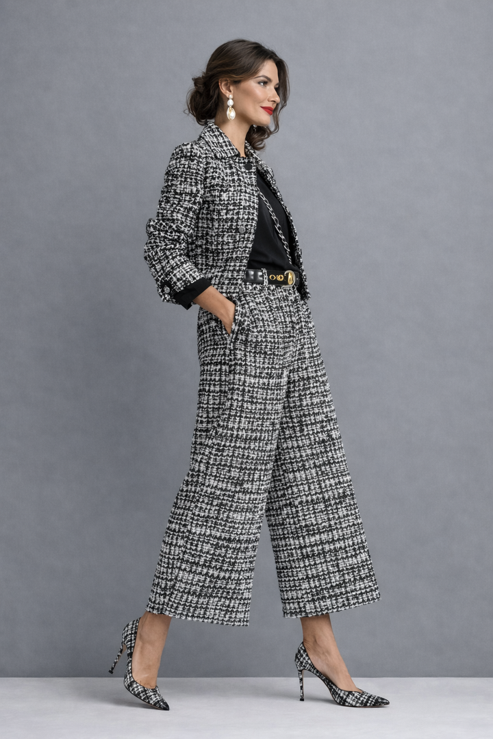 Women's Tweed-Style Cropped Jacket & Wide-Leg Pants Suit Set