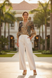 Women’s Linen Blend V-Neck Short-Sleeve Blouse
