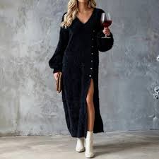 Women’s V-Neck Puff-Sleeve Knit Maxi Sweater Dress