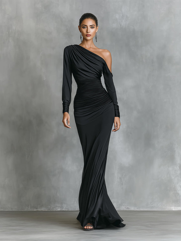 Women's Satin Long-Sleeve One-Shoulder Mermaid Maxi Dress