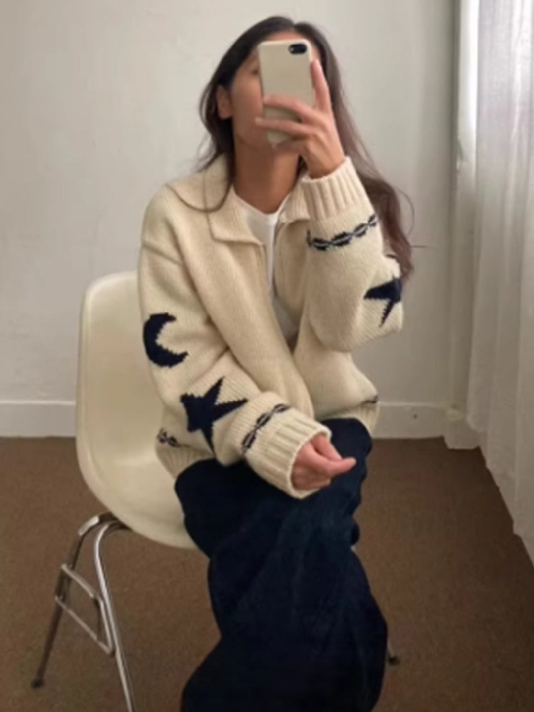 Women's Wool Star Moon Zip Up Knitted Cardigan Sweater Jacket
