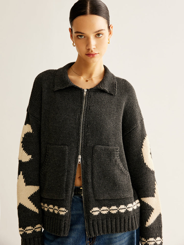 Women's Wool Star Moon Zip Up Knitted Cardigan Sweater Jacket