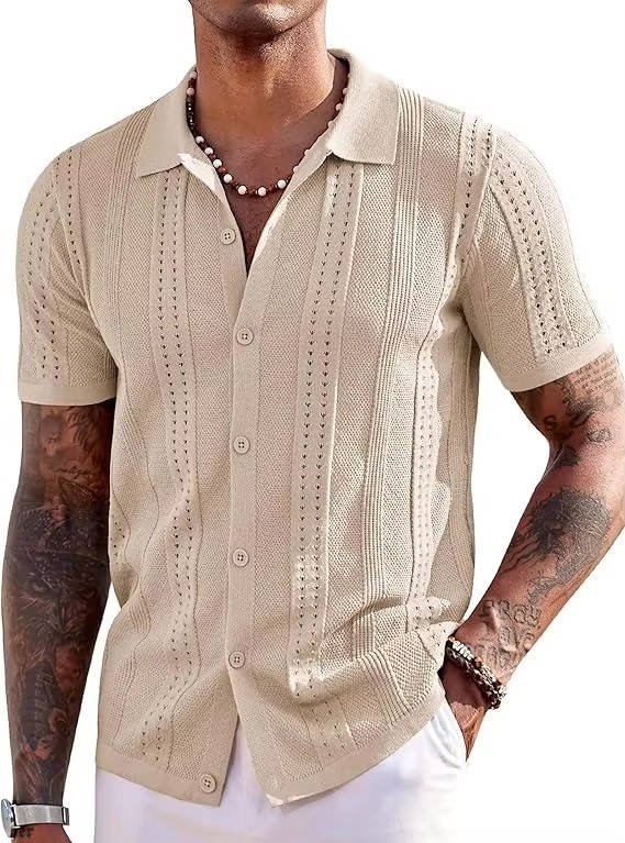 Men's Knit Short Sleeve Polo Shirt Textured Collared Button Up
