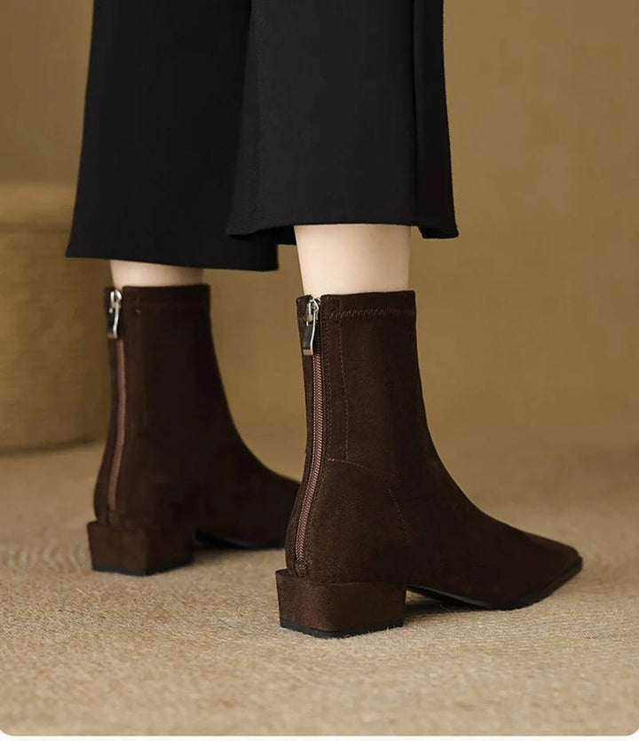 Women's Pointed Toe Suede Stretch Block Heel Ankle Boots