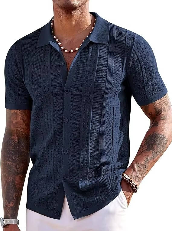 Men's Knit Short Sleeve Polo Shirt Textured Collared Button Up
