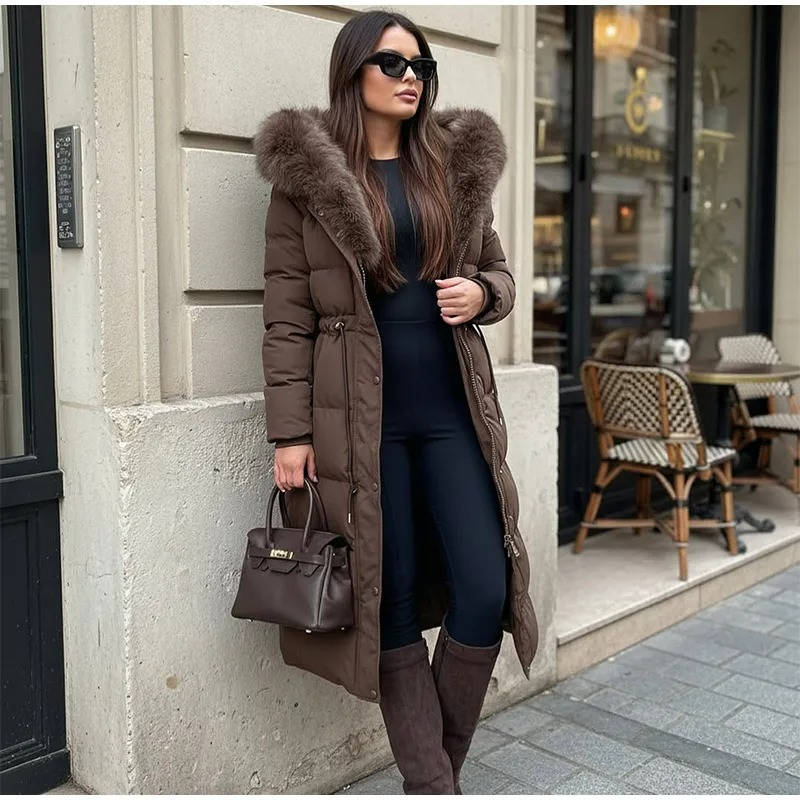 Women's Long Puffer Coat Faux Fur Hood Warm Down Jacket