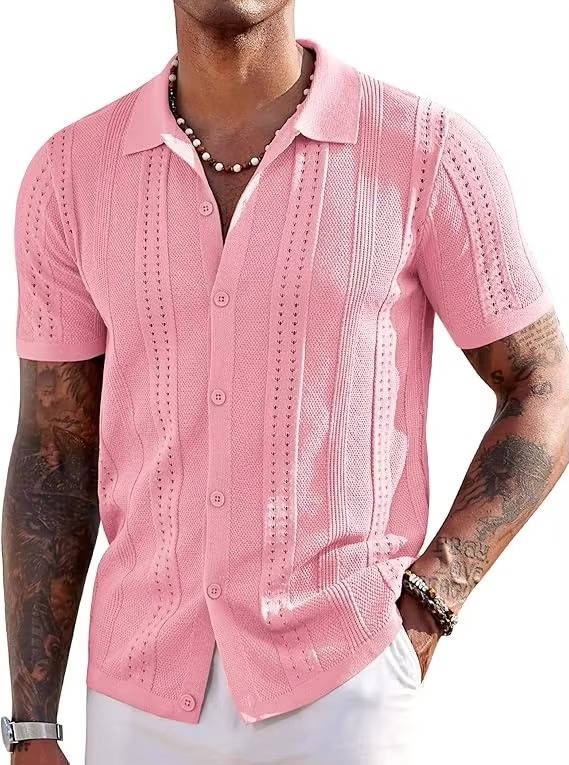 Men's Knit Short Sleeve Polo Shirt Textured Collared Button Up