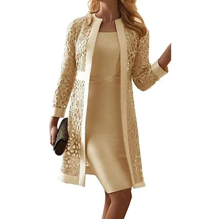 Women's Satin Sheath Dress and Lace Long Jacket Two Piece Set