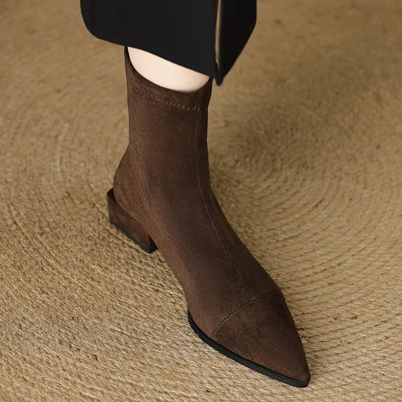 Women's Pointed Toe Suede Stretch Block Heel Ankle Boots