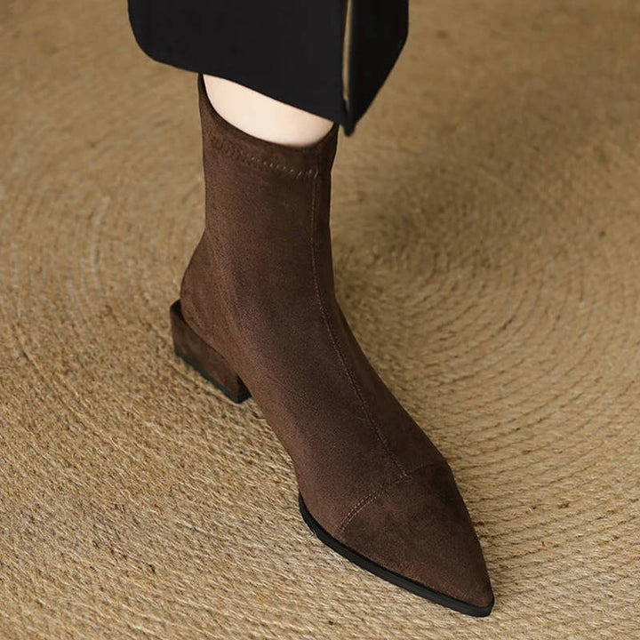 Women's Pointed Toe Suede Stretch Block Heel Ankle Boots