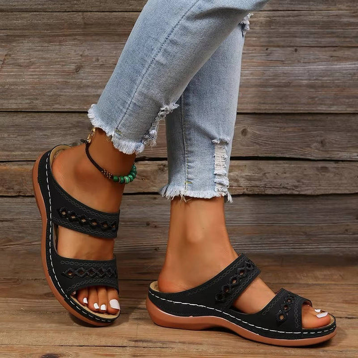 Women's Leather Wedge Slide Sandals