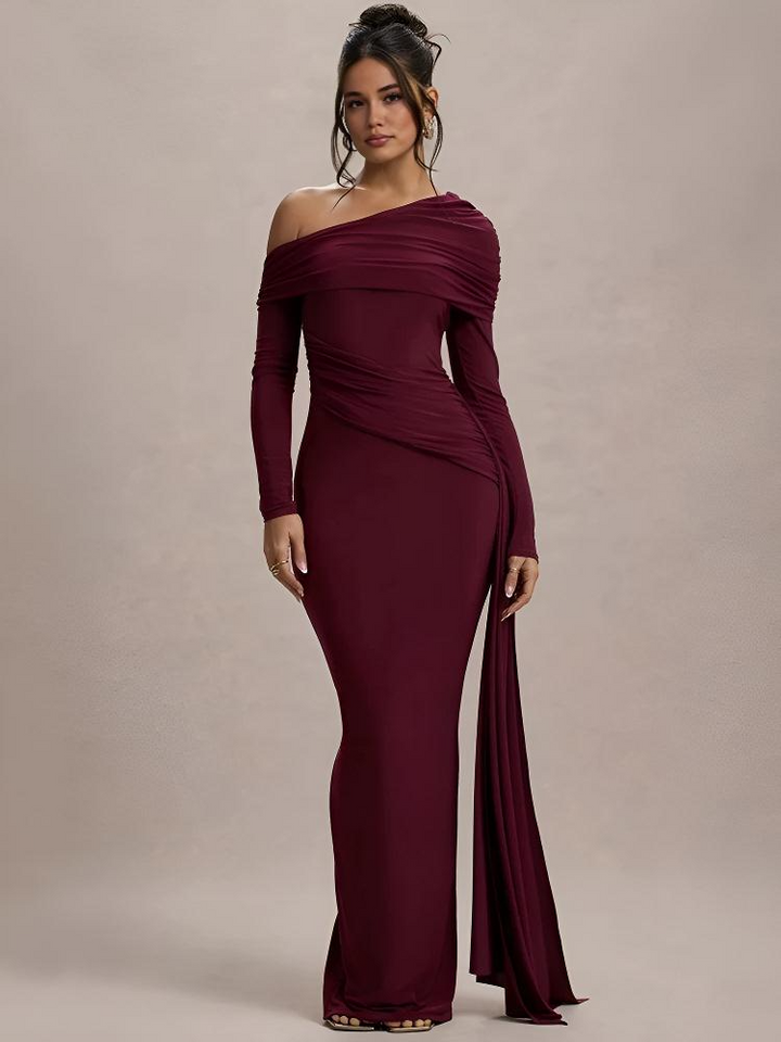 Women Knit Blend Off Shoulder Ruched Asymmetric Evening Maxi Dress