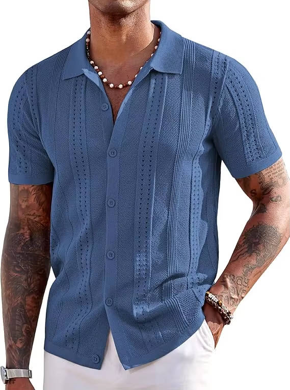 Men's Knit Short Sleeve Polo Shirt Textured Collared Button Up