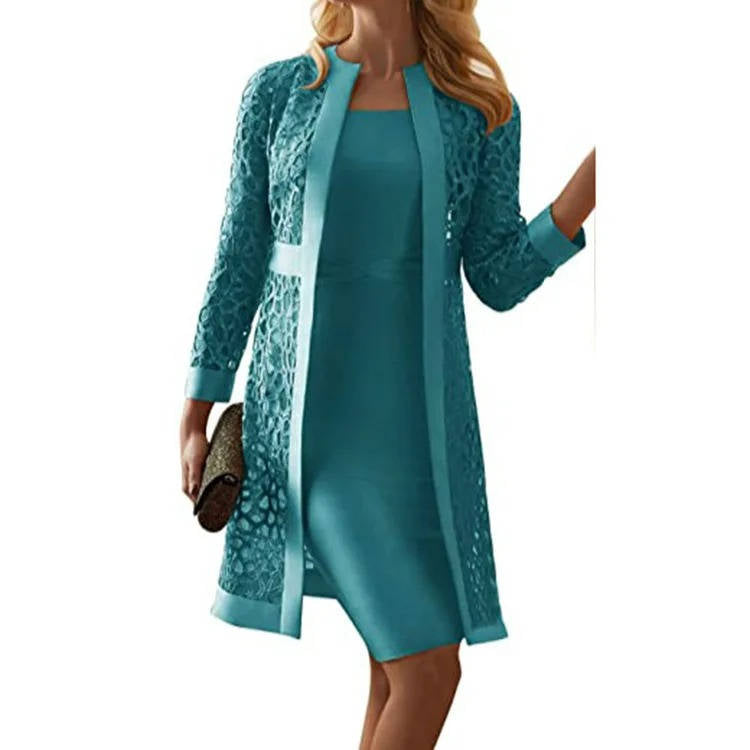 Women's Satin Sheath Dress and Lace Long Jacket Two Piece Set