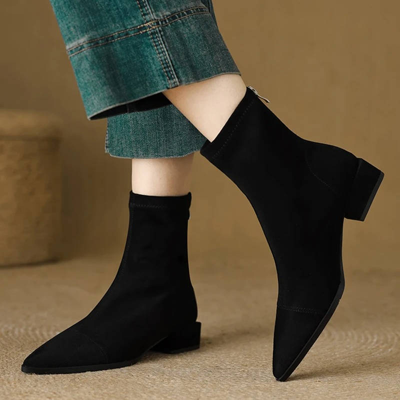 Women's Pointed Toe Suede Stretch Block Heel Ankle Boots