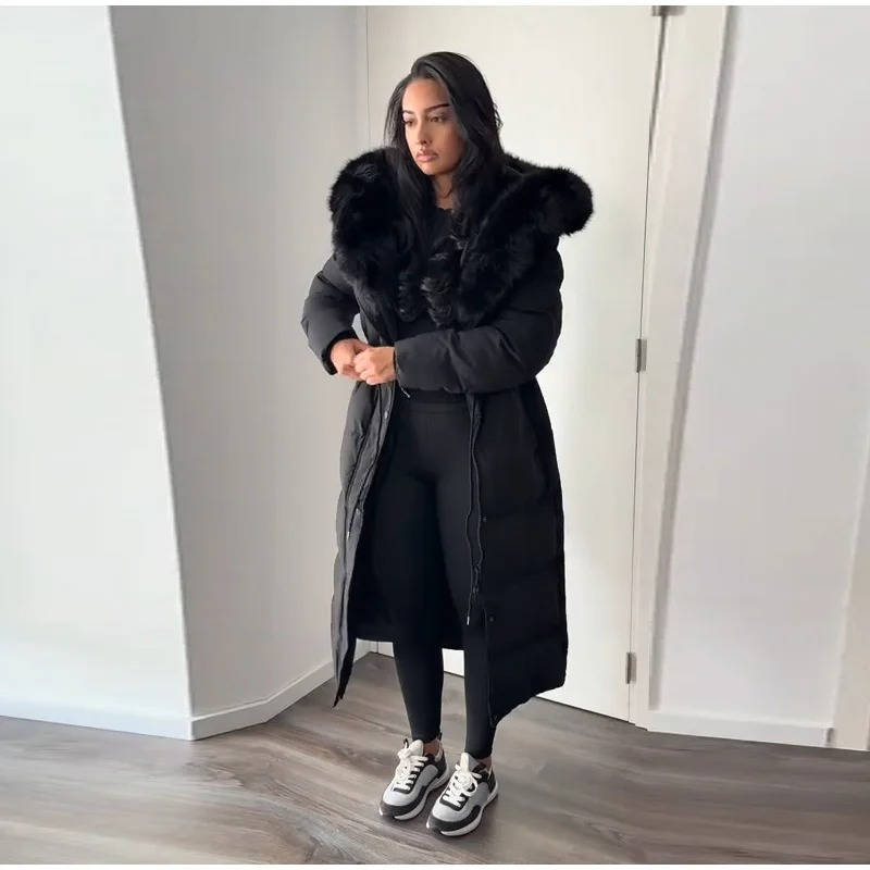 Women's Long Puffer Coat Faux Fur Hood Warm Down Jacket