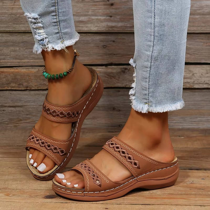 Women's Leather Wedge Slide Sandals