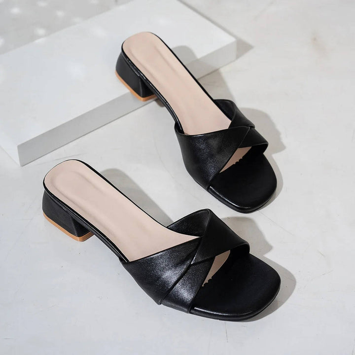 Mules-sandales pour femmes en cuir à talon bloc bas, à enfiler