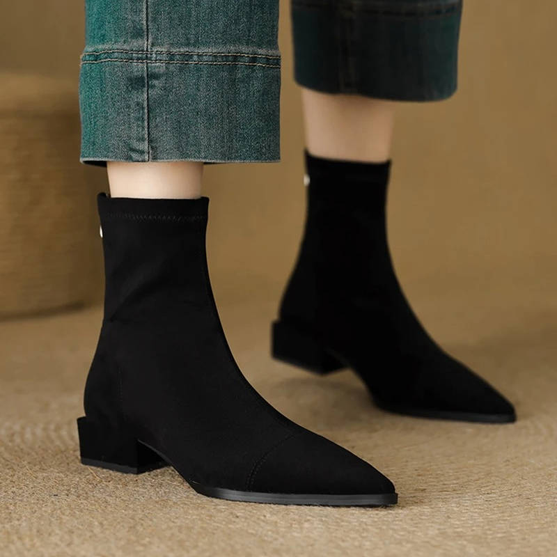 Women's Pointed Toe Suede Stretch Block Heel Ankle Boots
